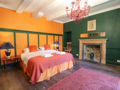 A bedroom with a bed bedside tables lamps a fireplace and a chair at Llwynderw Hall Abergwesyn near Llanwrtyd Wells