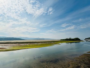 A coastal estuary with water channels green patches and distant hills under a blue sky at Estuary Escape in Porthmadog