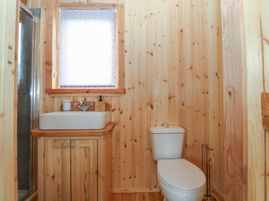 A bathroom with a toilet wooden sink cabinet and a shower at Hafan Gelli Sheperds Hut - Tudwal in Pwllheli