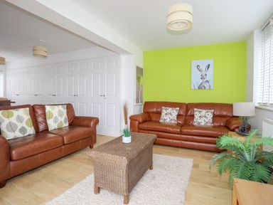 A living room with two brown leather sofas a wicker coffee table a green feature wall and a rabbit painting at Mor Glas in Abersoch