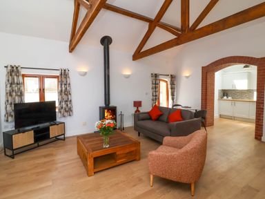 A living room with a wood burning stove and wooden beams at Woodland Roost in Parkham near Bideford