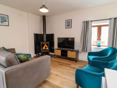 A living room with a fireplace tv sofa and two blue armchairs at Ladybird Rest in Parkham near Bideford
