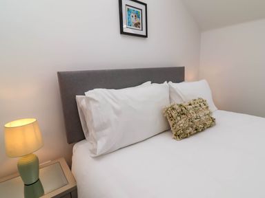 A bedroom with a bed with white pillows and a decorative cushion a bedside table with a lamp and a framed picture on the wall at Ladybird Rest in Parkham near Bideford