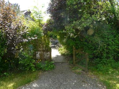 A garden path with a wooden gate and chairs visible through foliage at The Old Stable in Pontfaen near Fishguard