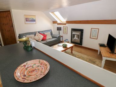 A living room with a gray sofa cushions coffee table television and skylight window at The Loft Pontfaen near Fishguard
