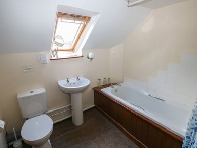 A bathroom with a toilet sink and bathtub under a skylight window at The Loft in Pontfaen near Fishguard