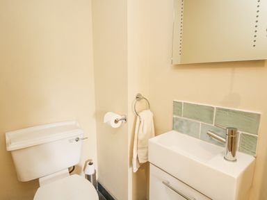 A bathroom with a toilet a sink a mirror and towel holder at Beachway in Brynhenllan near Dinas Cross