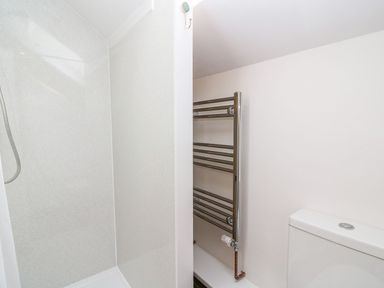 A bathroom with a shower area a towel radiator and a toilet at Field View in Llanybydder