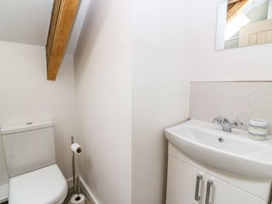 A small bathroom with a toilet a sink with cabinet a mirror and a wooden ceiling beam at Field View in Llanybydder