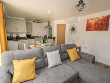 A living room with a gray sofa and yellow pillows next to an open kitchen and dining table with flowers at Garden View in Llanybydder