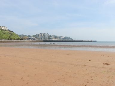 A sandy beach with people near the water and buildings on cliffs in the background at Apartment 17 Abbey Sands in Torquay