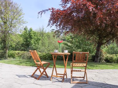 A wooden table with two cups and a vase of flowers with two wooden chairs on a patio under a tree at Lake View in Swanpool Nr Falmouth