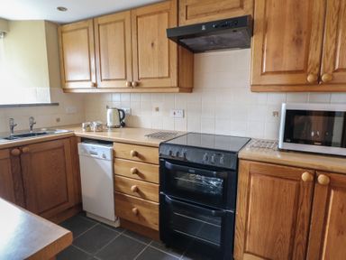 A kitchen with wooden cabinets a black oven a white dishwasher a microwave kettle and mugs at Castell Y Garn near Newport Beach Pembrokeshire