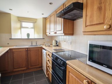 A kitchen with wooden cabinets a black stove a white microwave a window with a vase on the sill at Castell Y Garn near Newport Beach Pembrokeshire