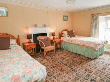 A bedroom with two single beds a wicker chair a fireplace and a patterned carpet at Castell Y Garn near Newport Beach Pembrokeshire