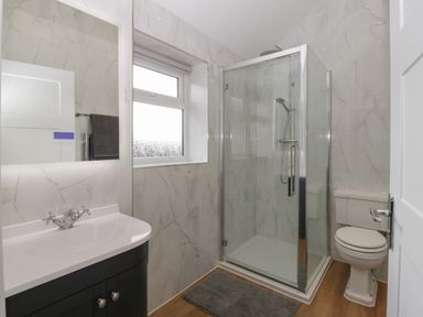A bathroom with a sink and mirror a shower enclosure and a toilet at Doubletree Cottage in Swainsford near Mere