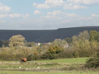 A grassy field with grazing sheep and trees with houses and hills in the background at Doubletree Cottage in Swainsford near Mere