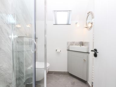 A bathroom with a shower, toilet, and sink at Yr Hen Felin Dyffryn Ardudwy