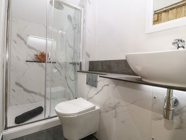 A bathroom with a glass shower enclosure a toilet and a white sink at Y Stabl in Dyffryn Ardudwy