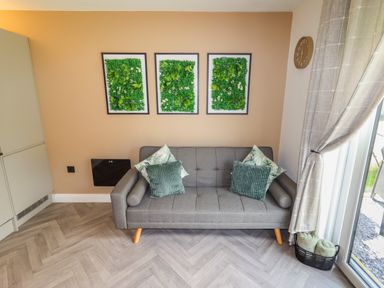 A gray sofa with four cushions below three framed green leaf wall decorations in a living room at Valley Lodge 4 - North Wales Eco Lodges Graigfechan near Ruthin