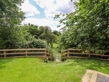 A garden with green grass a wooden fence and a metal gate leading to trees and bushes at Valley Lodge 4 - North Wales Eco Lodges in Graigfechan near Ruthin