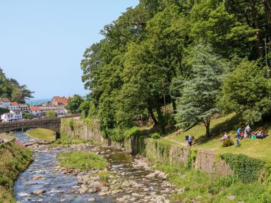 A river flowing under a stone bridge with trees and people on the grassy bank at The Old Smithy in Lynton