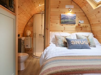 A wooden pod bedroom with a bed and pillows and an en suite bathroom with a shower at Caban Tirion in Dinas Mawddwy near Dolgellau