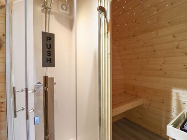 An interior view of a wooden sauna room with a bench and a shower area with a glass door marked push at Caban Tirion Dinas Mawddwy near Dolgellau