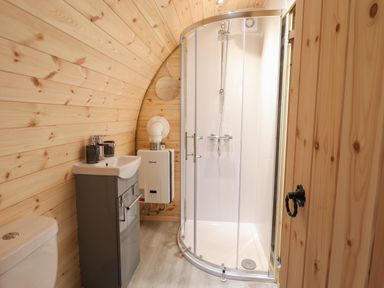 A bathroom with a shower enclosure a sink with a cabinet a toilet and wooden walls at Caban Tirion in Dinas Mawddwy near Dolgellau