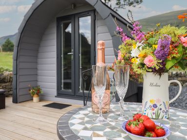 An outdoor area with drinks and flowers at Caban Tirion in Dinas Mawddwy near Dolgellau