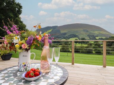 An outdoor table with flowers, drink, and strawberries at Caban Tirion in Dinas Mawddwy near Dolgellau