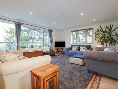 A living room with sofas a television and large windows showing trees at Surf Break in Polzeath