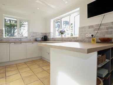 A kitchen with tiled floor counters a sink television and windows with flowers at Surf Break in Polzeath