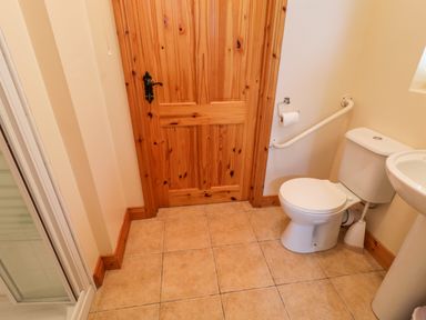 A bathroom with a wooden door toilet with handrail sink and part of a shower at 46 Dunalinn in Culdaff County Donegal
