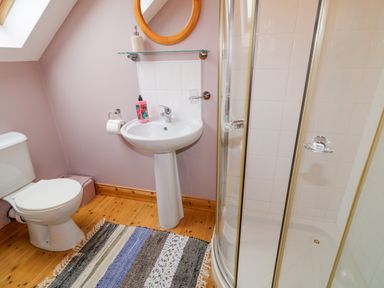 A bathroom with a toilet sink shower and a rug on the floor at 46 Dunalinn in Culdaff County Donegal
