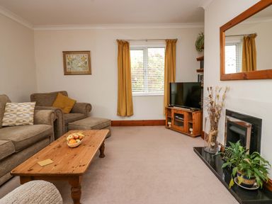 A living room with sofas a wooden coffee table a television a fireplace with plants and a window with curtains at Lyndhurst in Ambleside