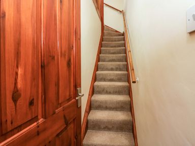 A narrow carpeted staircase with a wooden handrail and a wooden door at the bottom at Lyndhurst in Ambleside