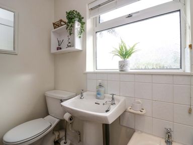 A bathroom with a toilet sink and window with a plant on the sill at Lyndhurst in Ambleside