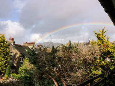 A rainbow over trees and houses with chimneys in a residential area