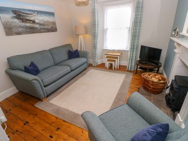 A living room with sofas a floor lamp a television on a stand a basket of firewood and a painting of a boat at Orielton Cottage in Dinas Cross