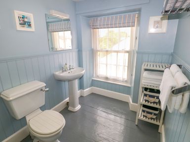 A bathroom with a toilet sink mirror window and towel rack at Orielton Cottage in Dinas Cross