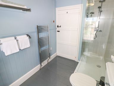 A bathroom with a shower cubicle a toilet a heated towel rail and towels on the wall at Orielton Cottage in Dinas Cross