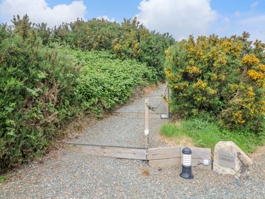 A gravel path with wooden steps and a rope handrail surrounded by green bushes and yellow flowers at Sunriser in Tara Hill near Ballymoney County Wexford