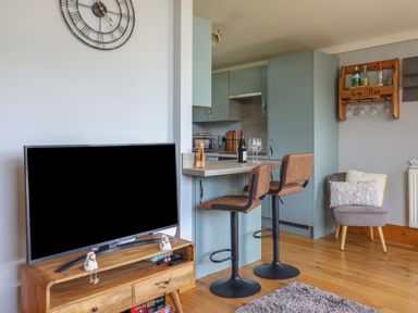 A living area with a television on a wooden stand a kitchen counter with two bar stools and a gray chair with cushions at Pebble Beach Chalet in Seaton