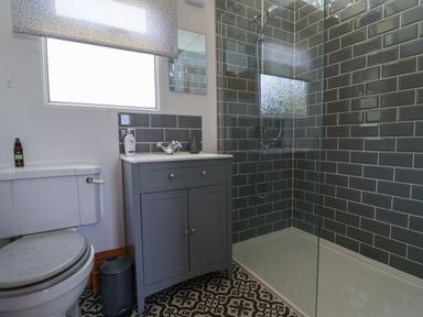 A bathroom with toilet, sink cabinet, patterned floor tiles, and a tiled walk-in shower at Pebble Beach Chalet in Seaton