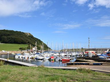 A marina with boats docked by a grassy area and a hill in the background at Pebble Beach Chalet in Seaton