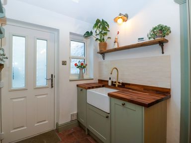 A kitchen with a wooden countertop a white farmhouse sink green cabinets a door with frosted glass and a wooden shelf with plants above the sink at Holly Cottage in Great Malvern