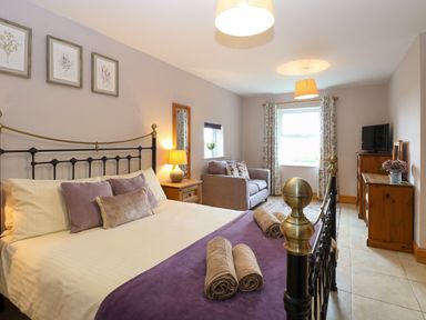 A bedroom with a metal bed frame sofa wooden furniture and a television at Dairy Cottage West Caister near Caister-on-Sea