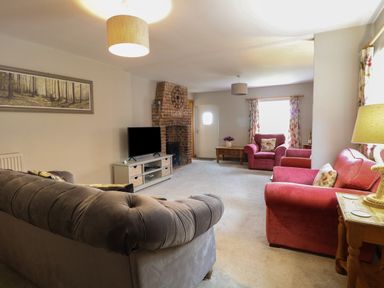 A living room with a gray sofa a red armchair a brick fireplace and a television at Flint Cottage in West Caister near Caister-on-Sea