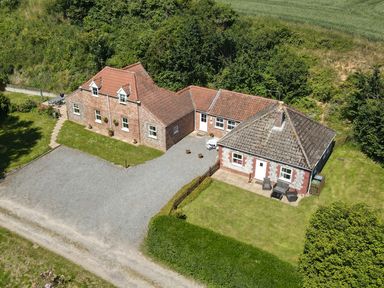 An aerial view of two connected houses with tiled roofs surrounded by grass and trees at Flint Cottage in West Caister near Caister-on-Sea